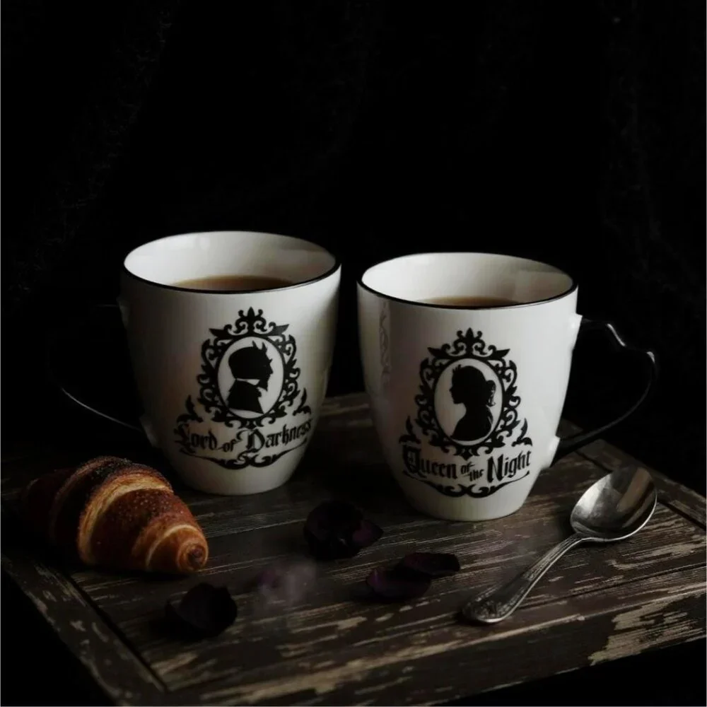 Alchemy Gothic ✦ Queen & Lord Mug Set ✦ Fine Bone China Black & White Feline NWT
